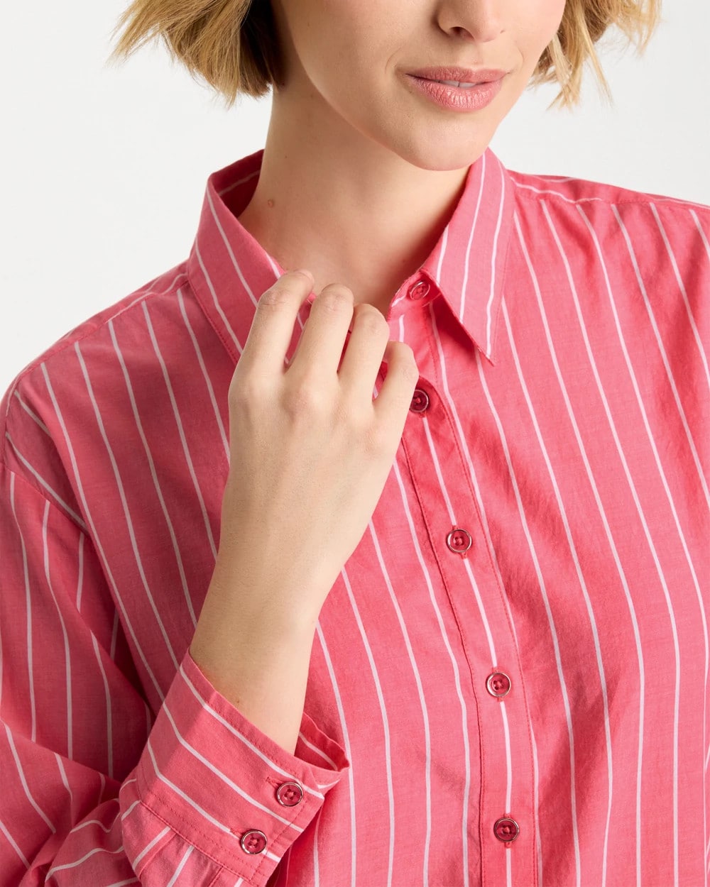 Chico's Cotton Voile Collared Striped Shirt Calypso Coral