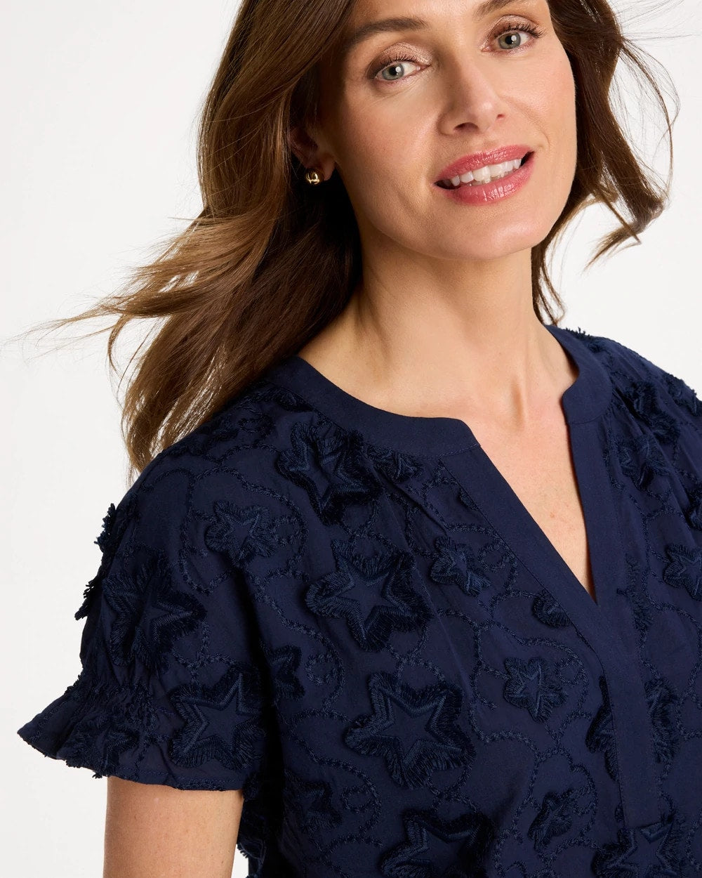 Chico's Cotton Embroidered Americana Star Blouse Passport Blue