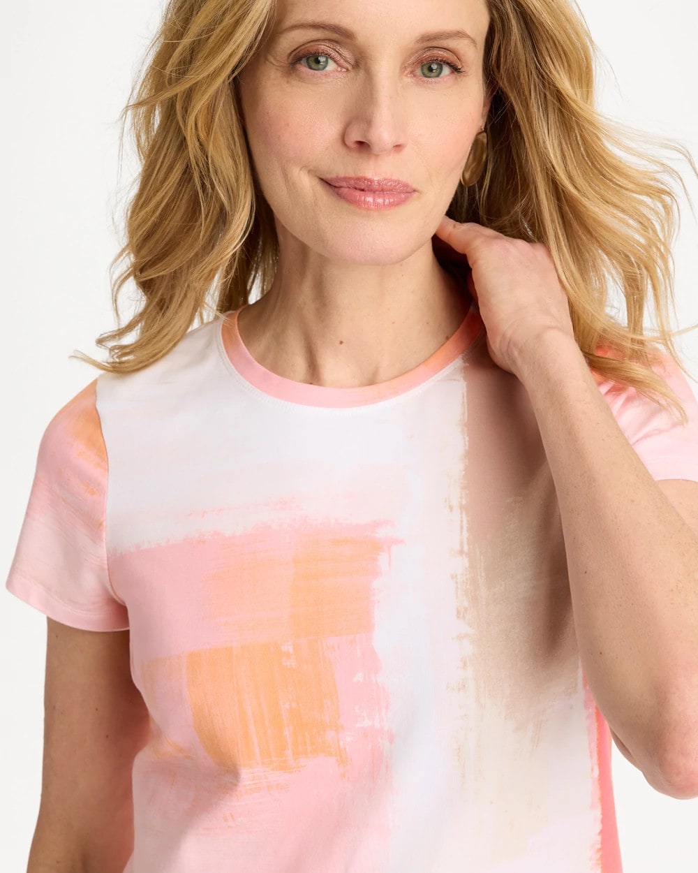 Chico's Cotton Stretch Watercolor Cap Sleeve Tee Calypso Coral
