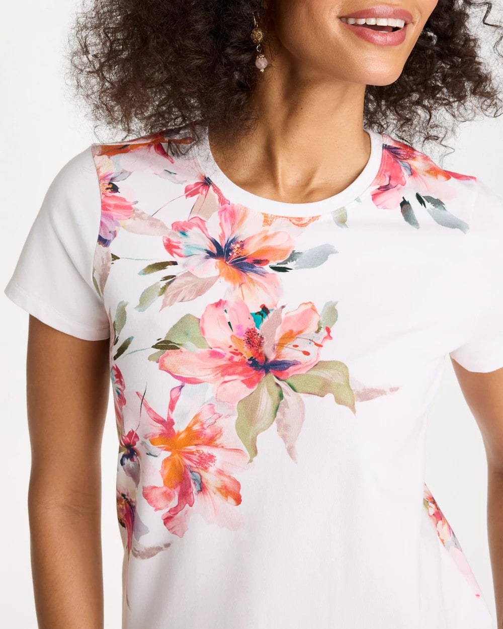 Chico's Cotton Stretch Ethereal Floral Cap Sleeve Tee Calypso Coral