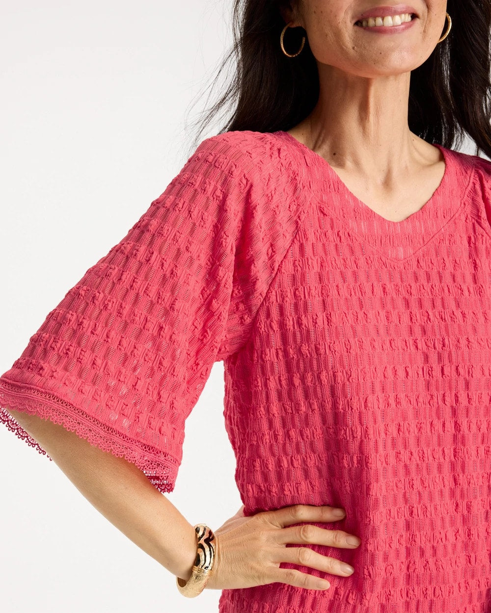 Chico's Crinkle Lace Knit Raglan Tee Calypso Coral