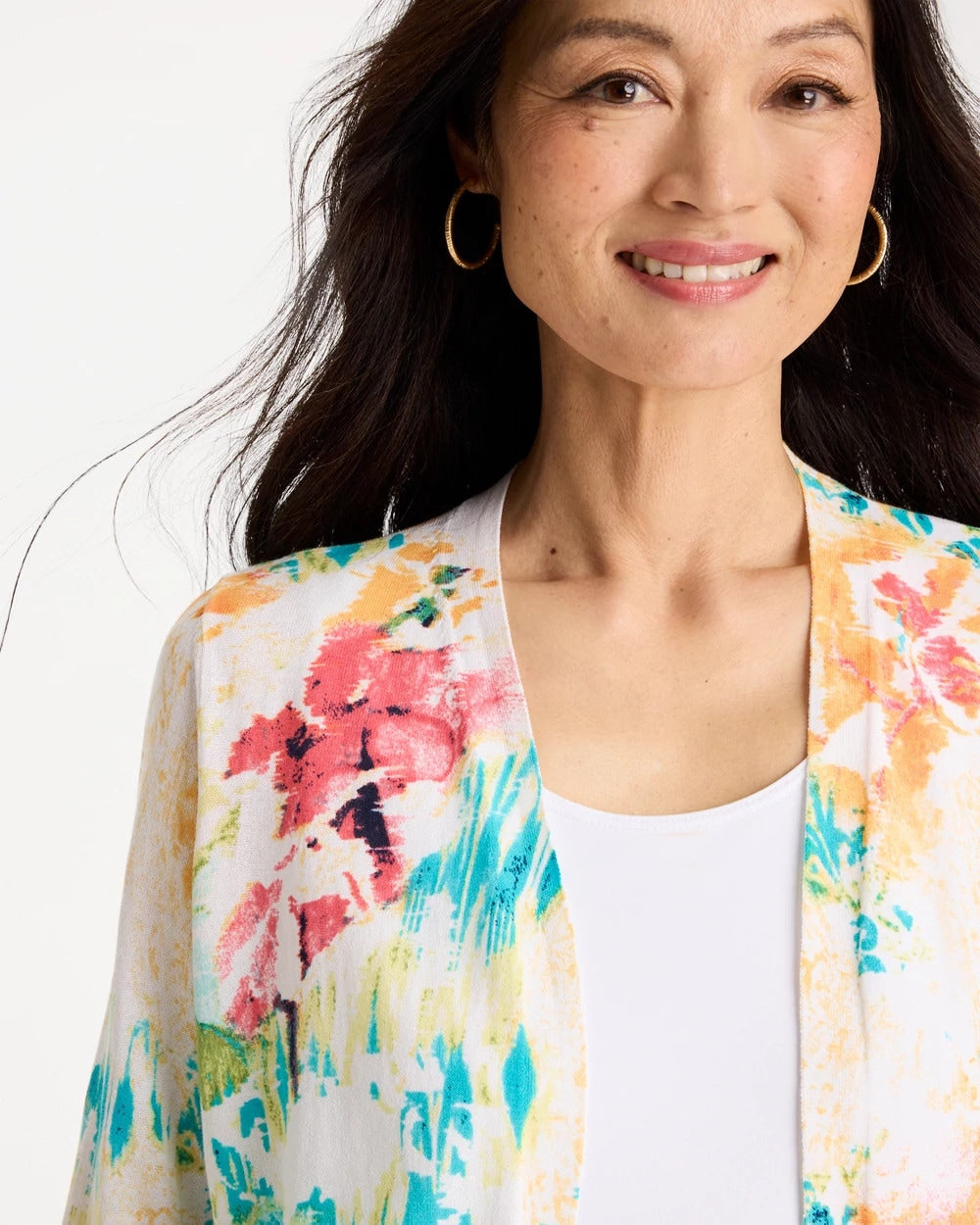 Chico's Printed Summer Romance Cardigan Calypso Coral