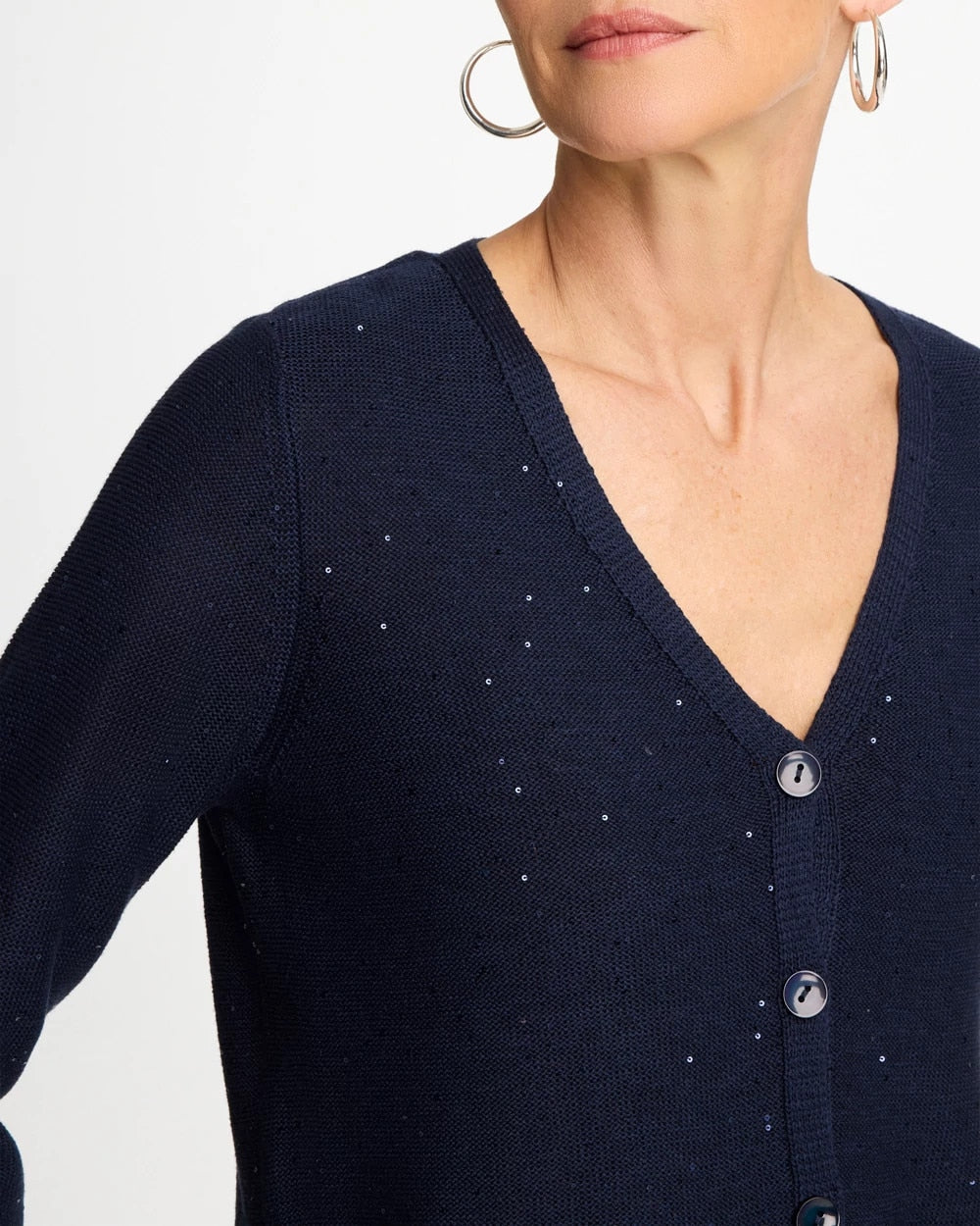 Chico's Stitchy Sequin V-Neck Cardigan Passport Blue