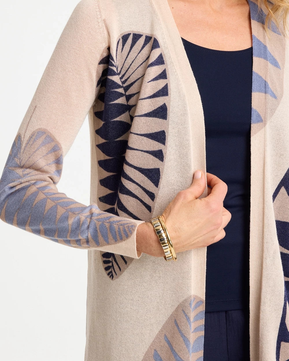Chico's Long Leaf Print Summer Romance Cardigan Ecru