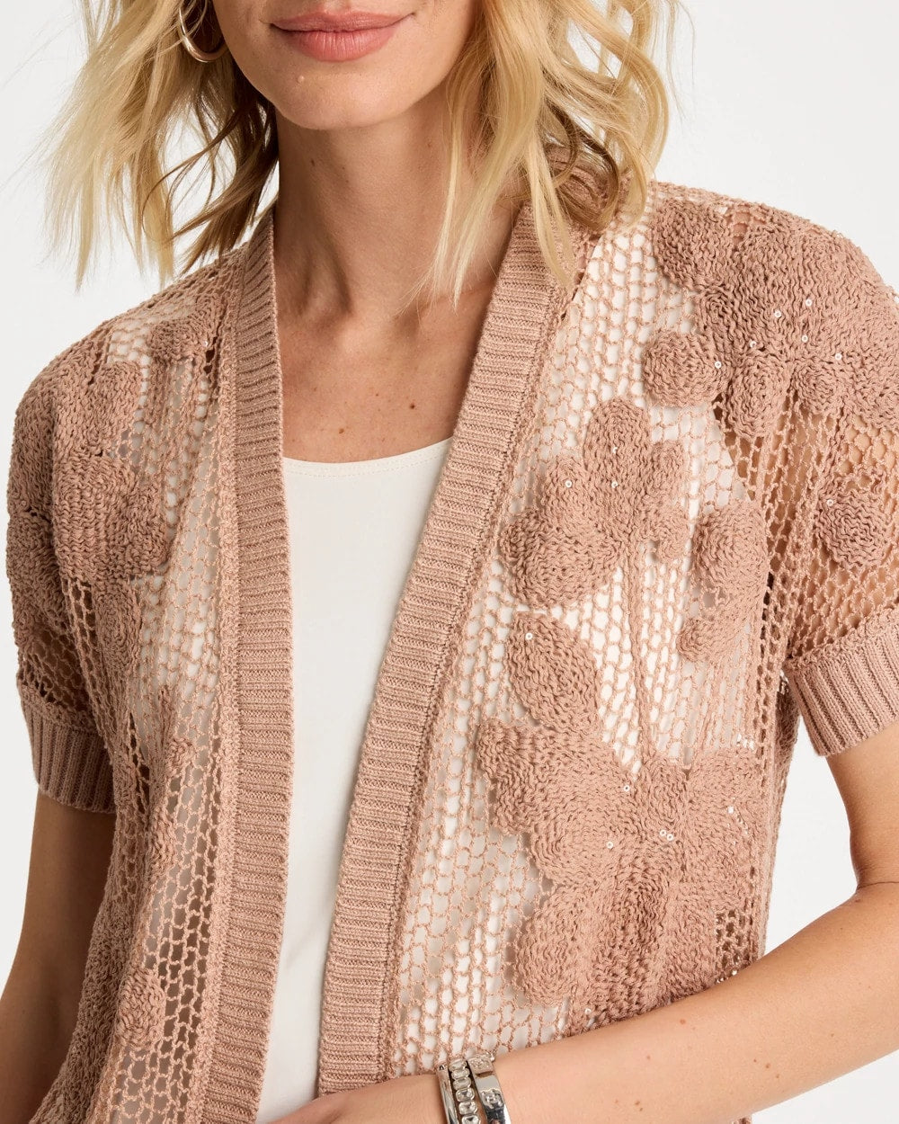 Chico's Cotton-Blend Crochet Cocoon Cardigan Mocha Mousse