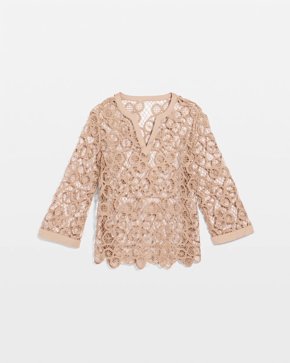 Chico's Mixed-Media Medallion Lace Top Mocha Mousse
