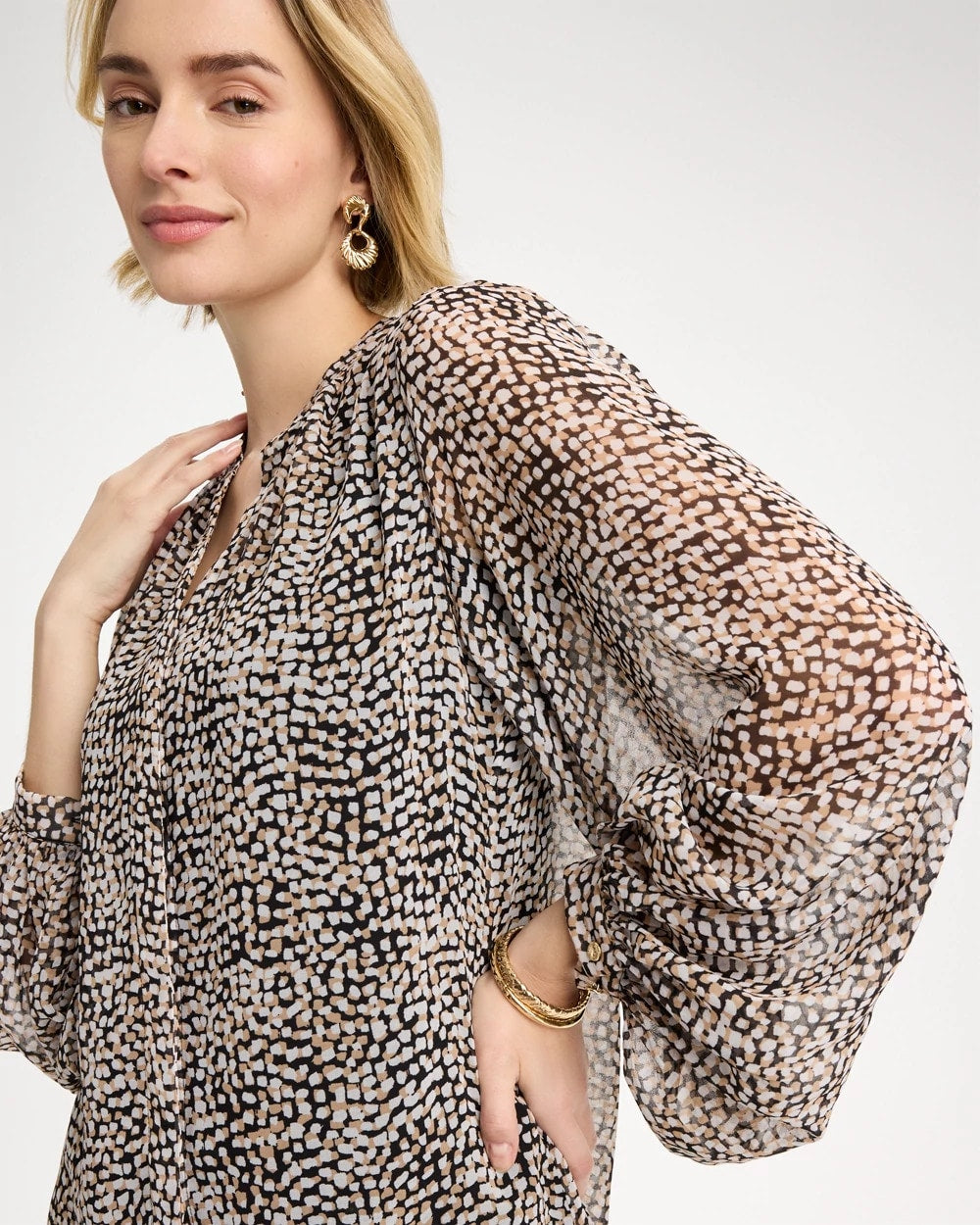 Chico's Georgette Printed Squares Blouse Black