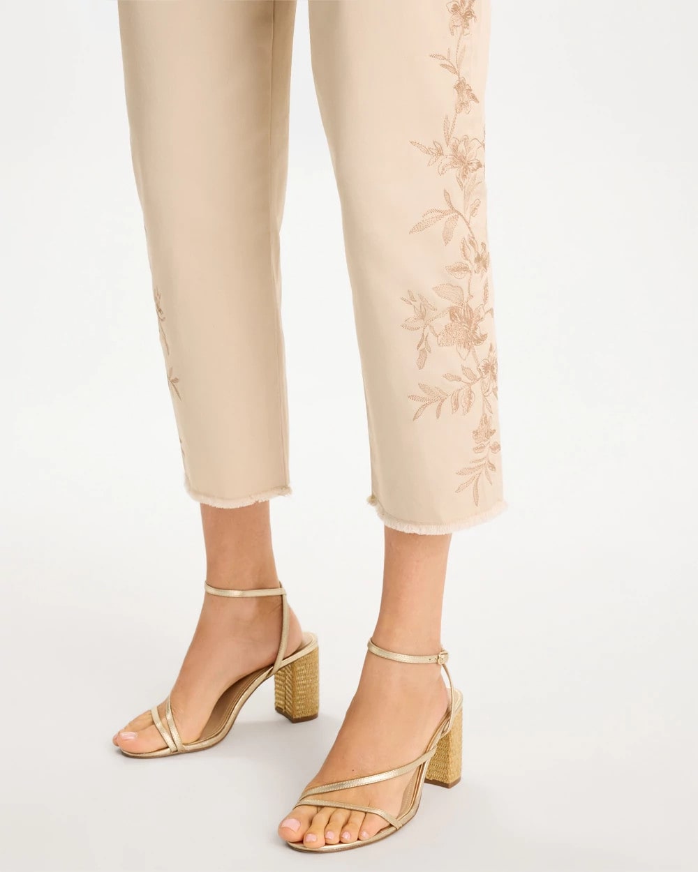 Chico's Relaxed Embroidered Fray Crop Pant Pale Sand