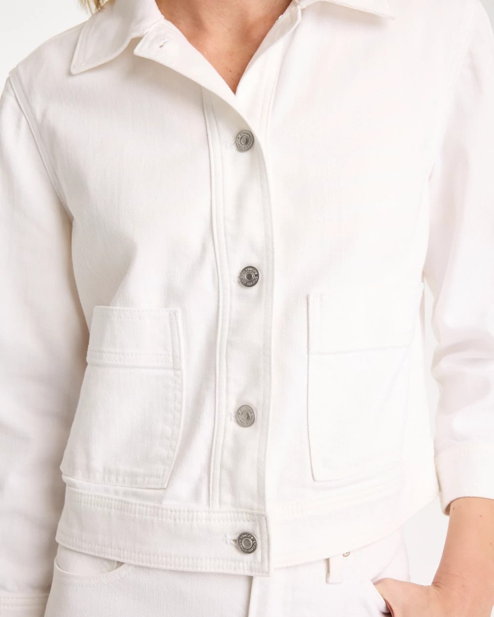 Chico's Cropped Denim Trucker Jacket Alabaster