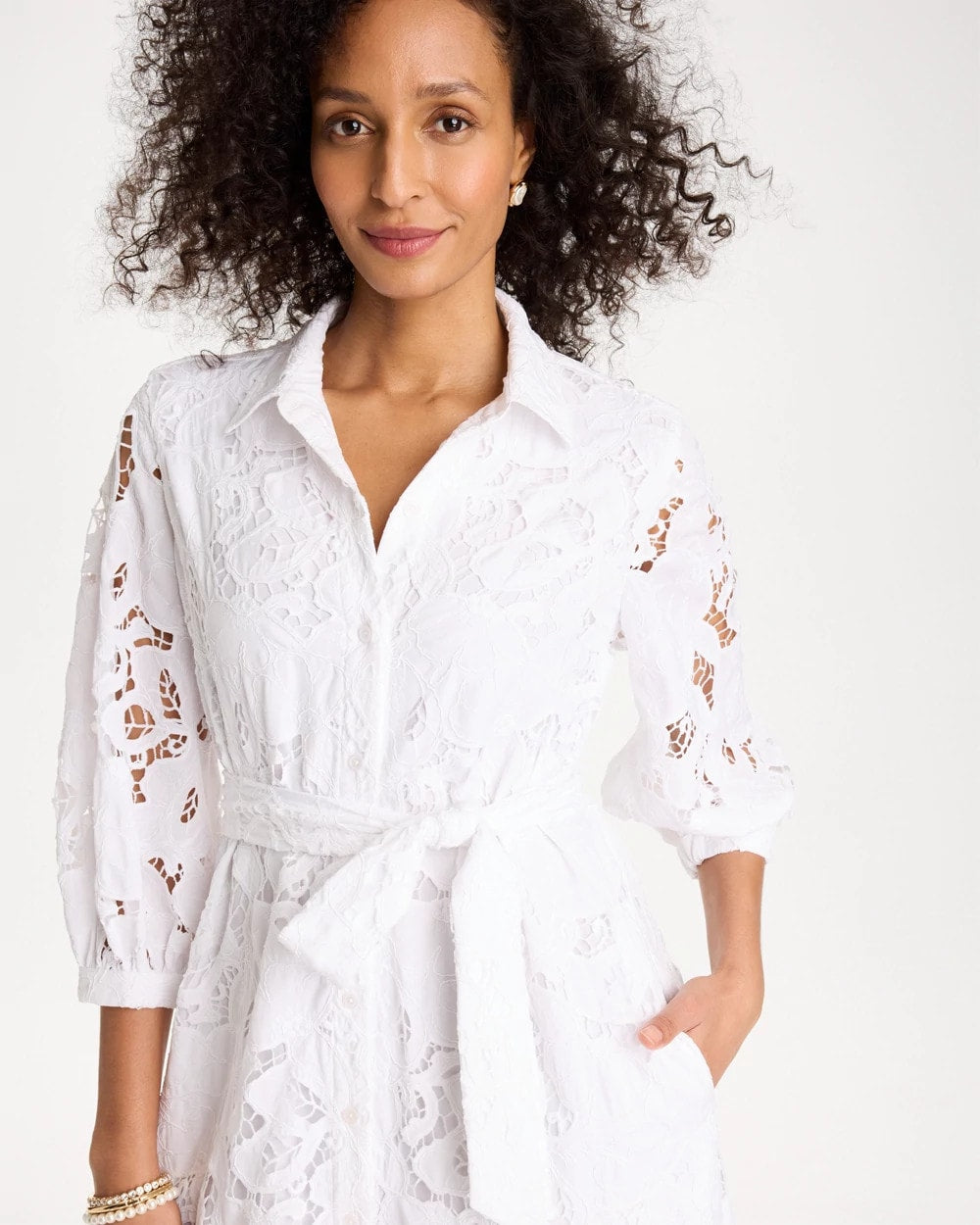 Chico's Lace Cutout Belted Shirtdress Alabaster