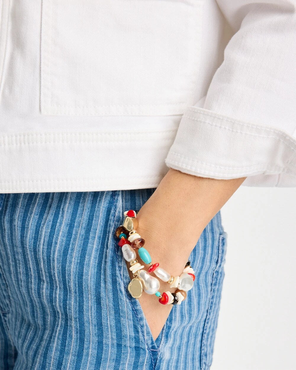 Chico's Set of Two Pearl Beaded Stretch Bracelets Multi