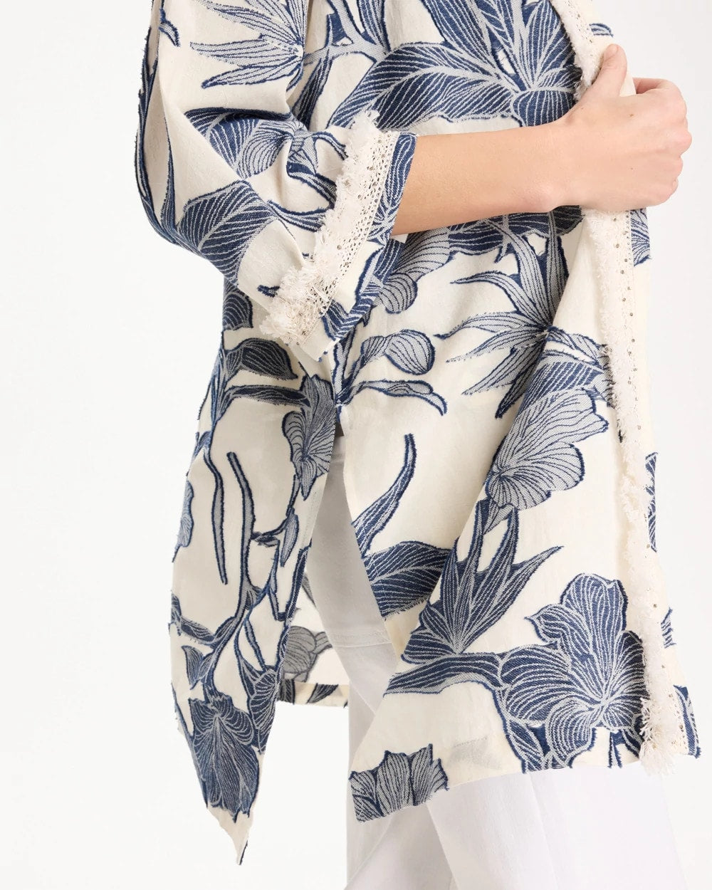 Chico's Cotton Jacquard Fringed Kimono Blue