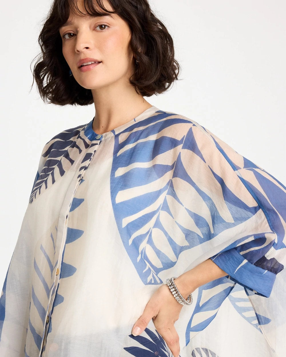 Chico's Palm Frond Short Poncho Passport Blue