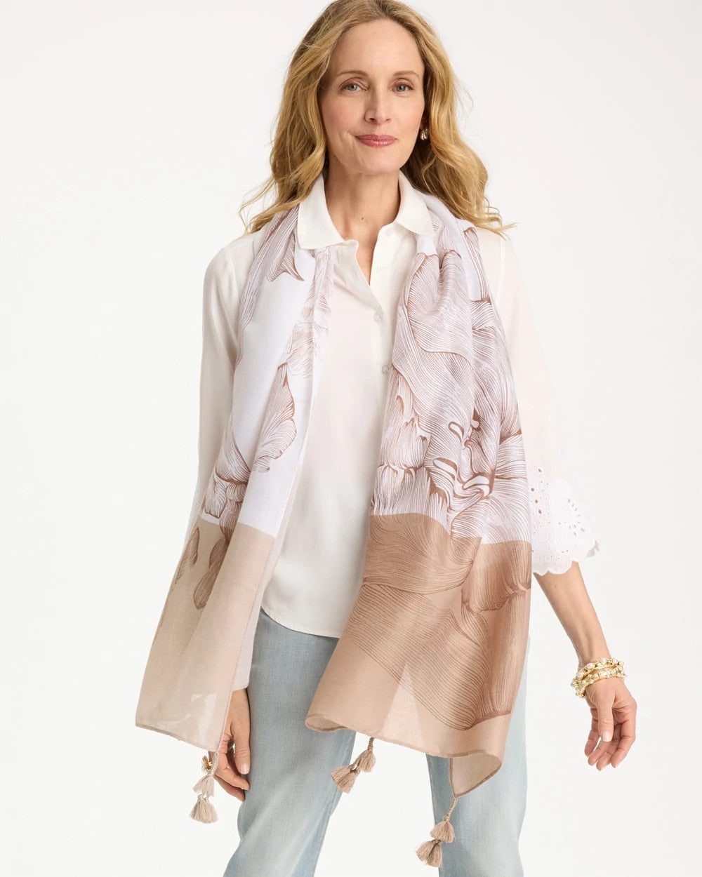 Chico's Neutral Floral Tassel Oblong Scarf Neutral