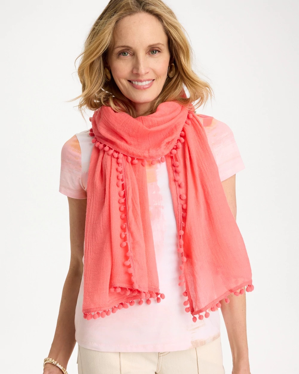 Chico's Pom Pom Oblong Scarf Calypso Coral