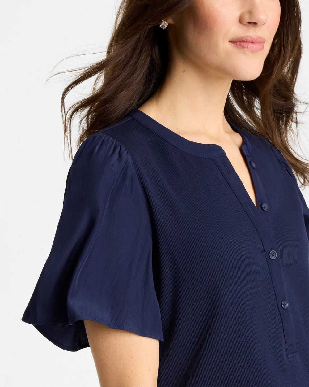 Chico's Rib Knit Woven Flutter Sleeve Tee Passport Blue