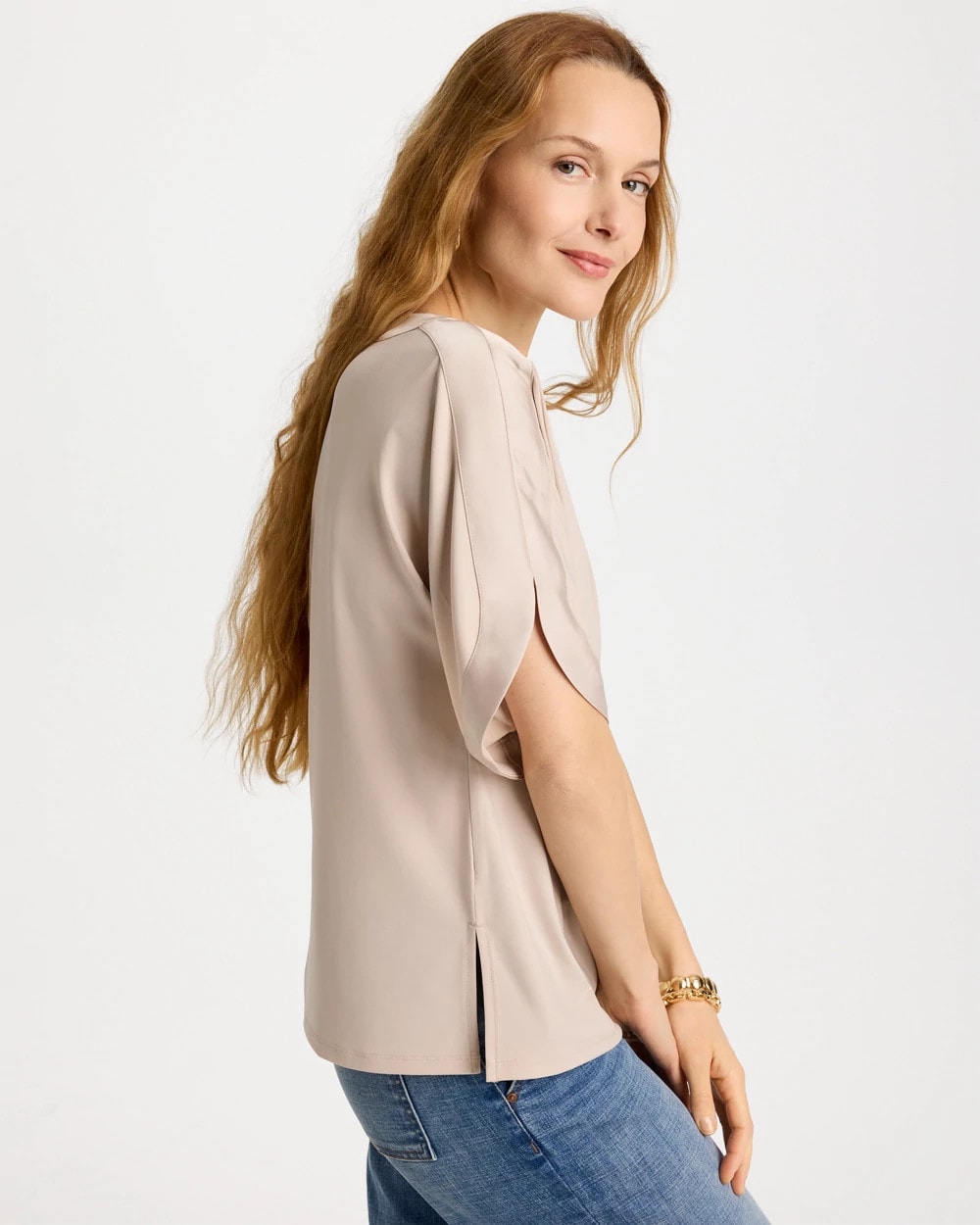 Chico's Jersey & Satin Dolman Tee Smokey Taupe