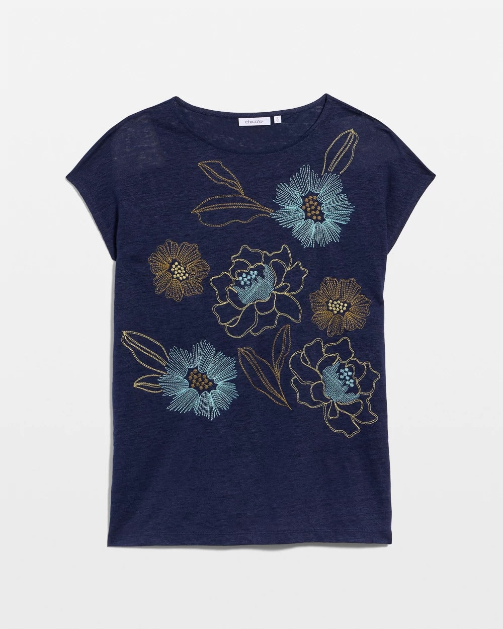Chico's Embroidered Linen Dolman Tee Passport Blue