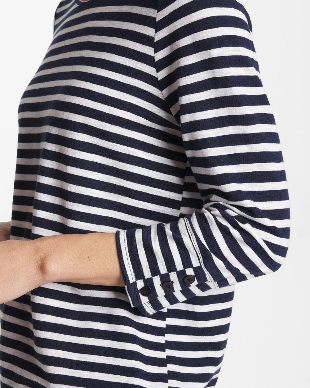 Chico's Striped Cotton Slub 3/4 Sleeve Button Tee Passport Blue