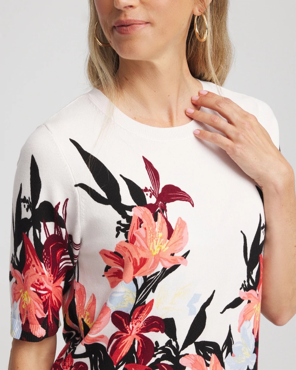 Chico's Floral Print Crewneck Sweater Ecru
