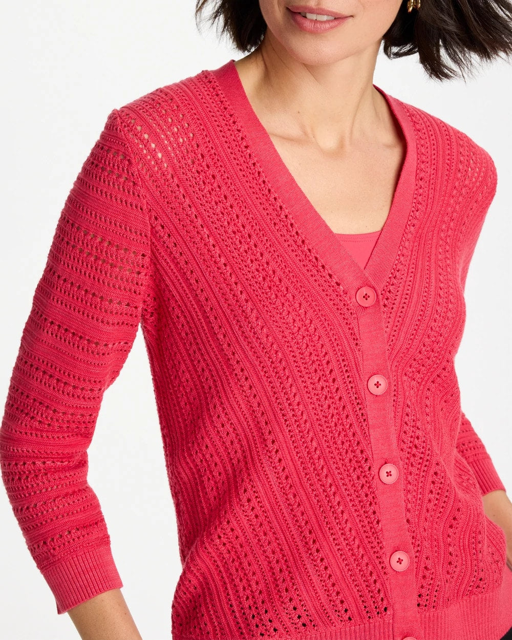 Chico's Stitchy V-Neck Cardigan Hot Honeysuckle