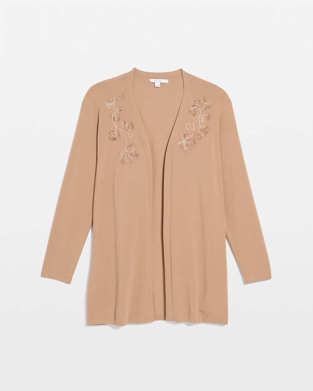 Chico's Floral Embroidered Cardigan Cattail Brown