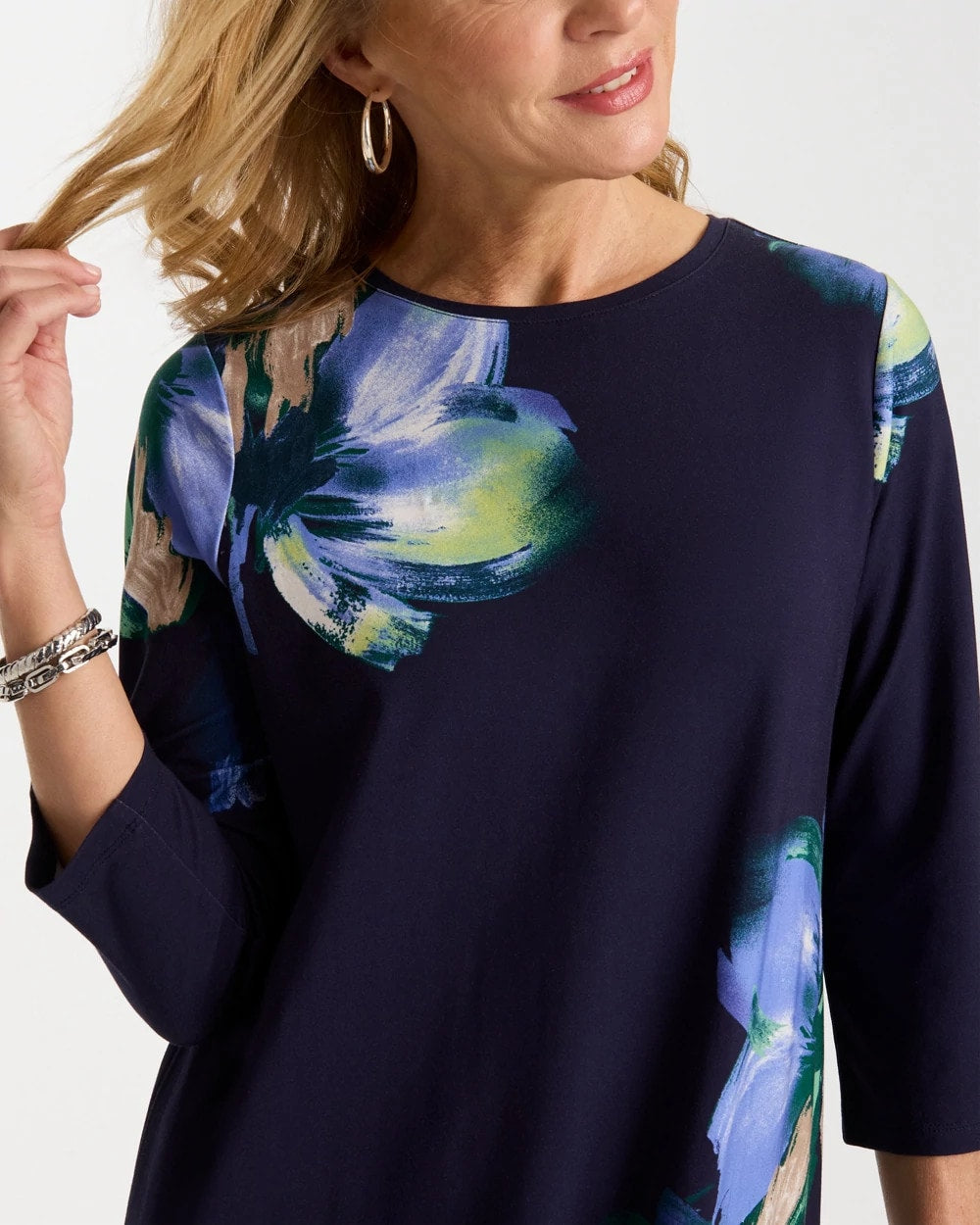 Chico's Floral 3/4 Sleeve Maxi Dress Passport Blue