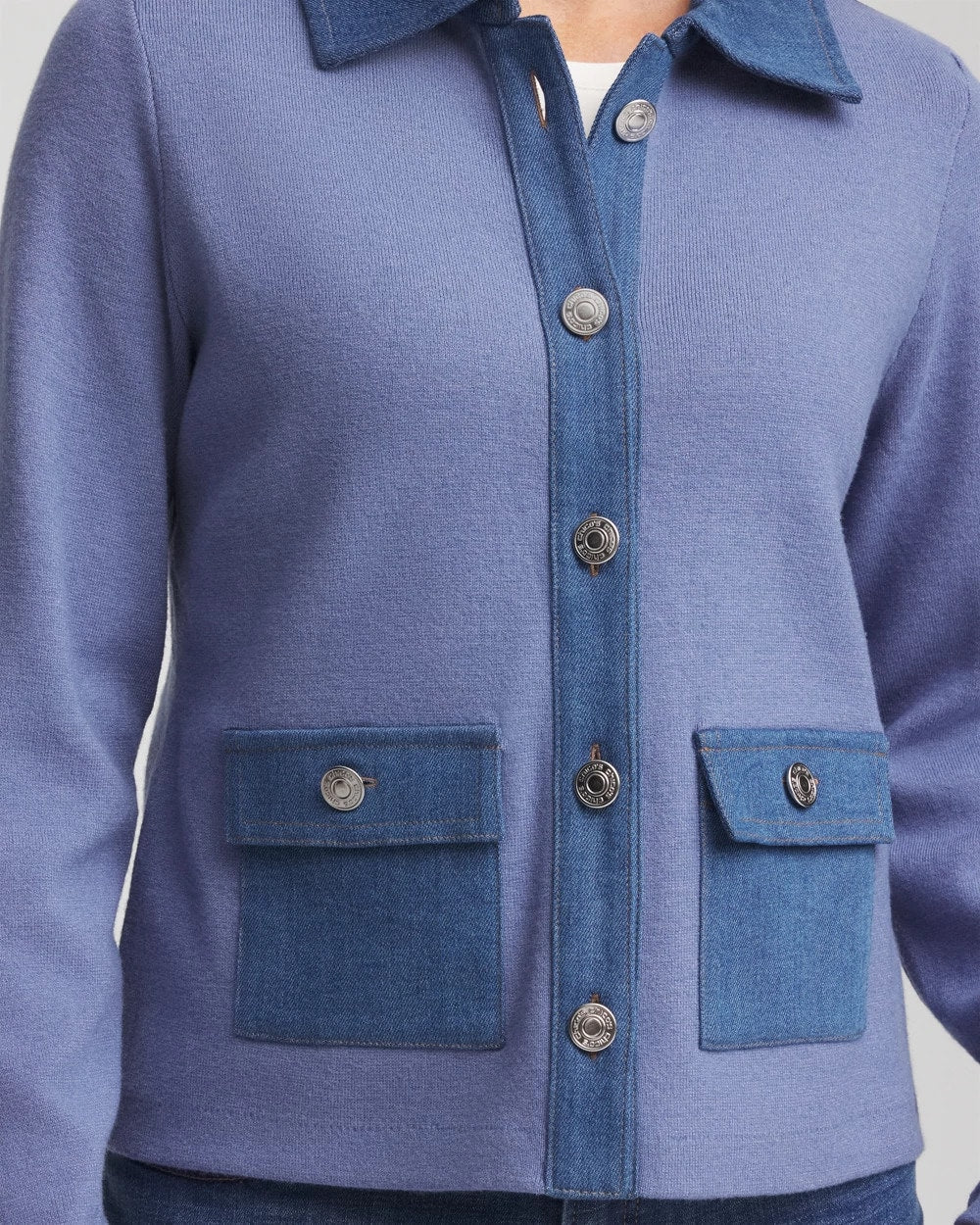 Chico's Denim Colorblock Marl Shirt Jacket Blue Lotus