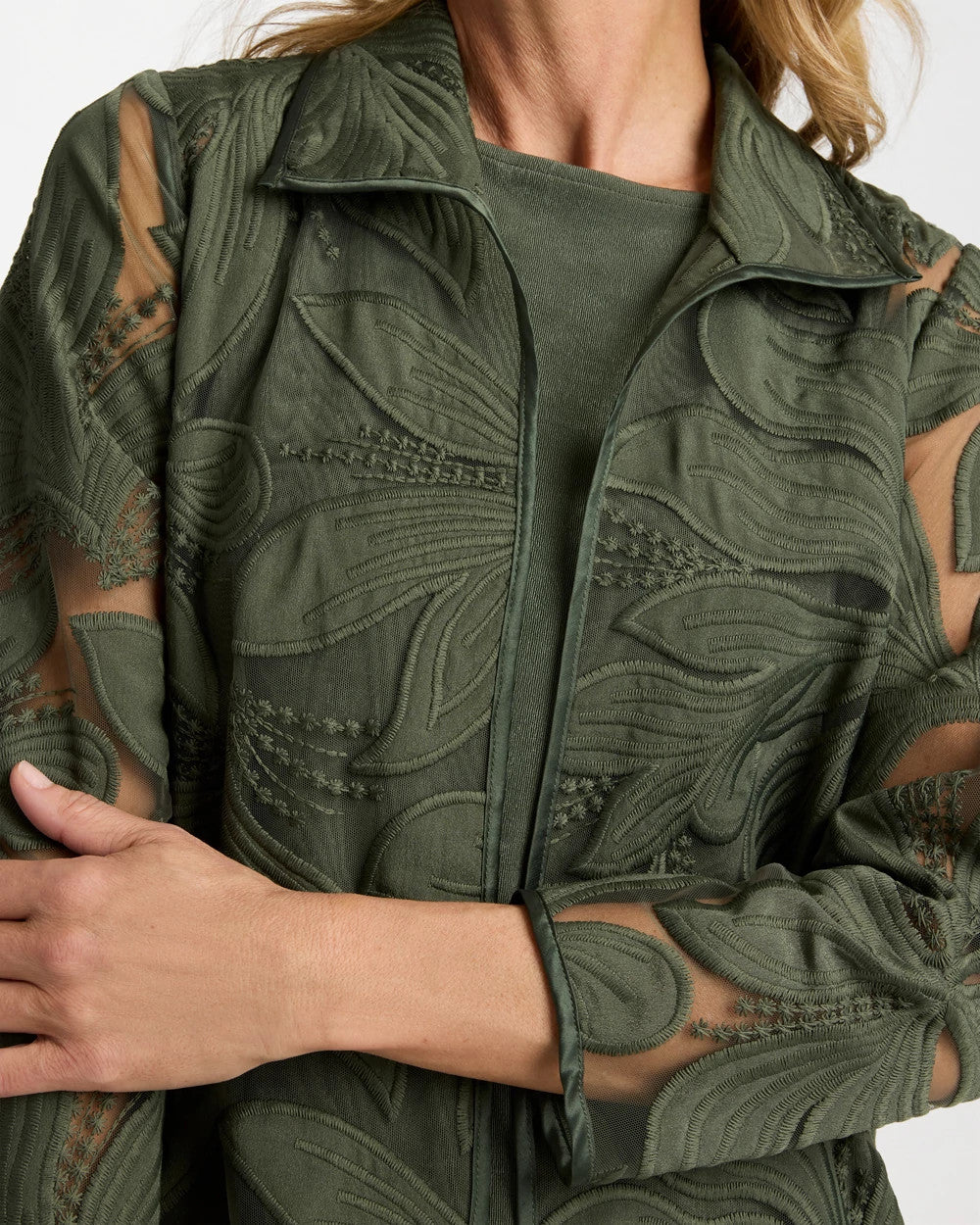 Chico's Travelers™ Collection Applique Embroidered Jacket Kelp Forest
