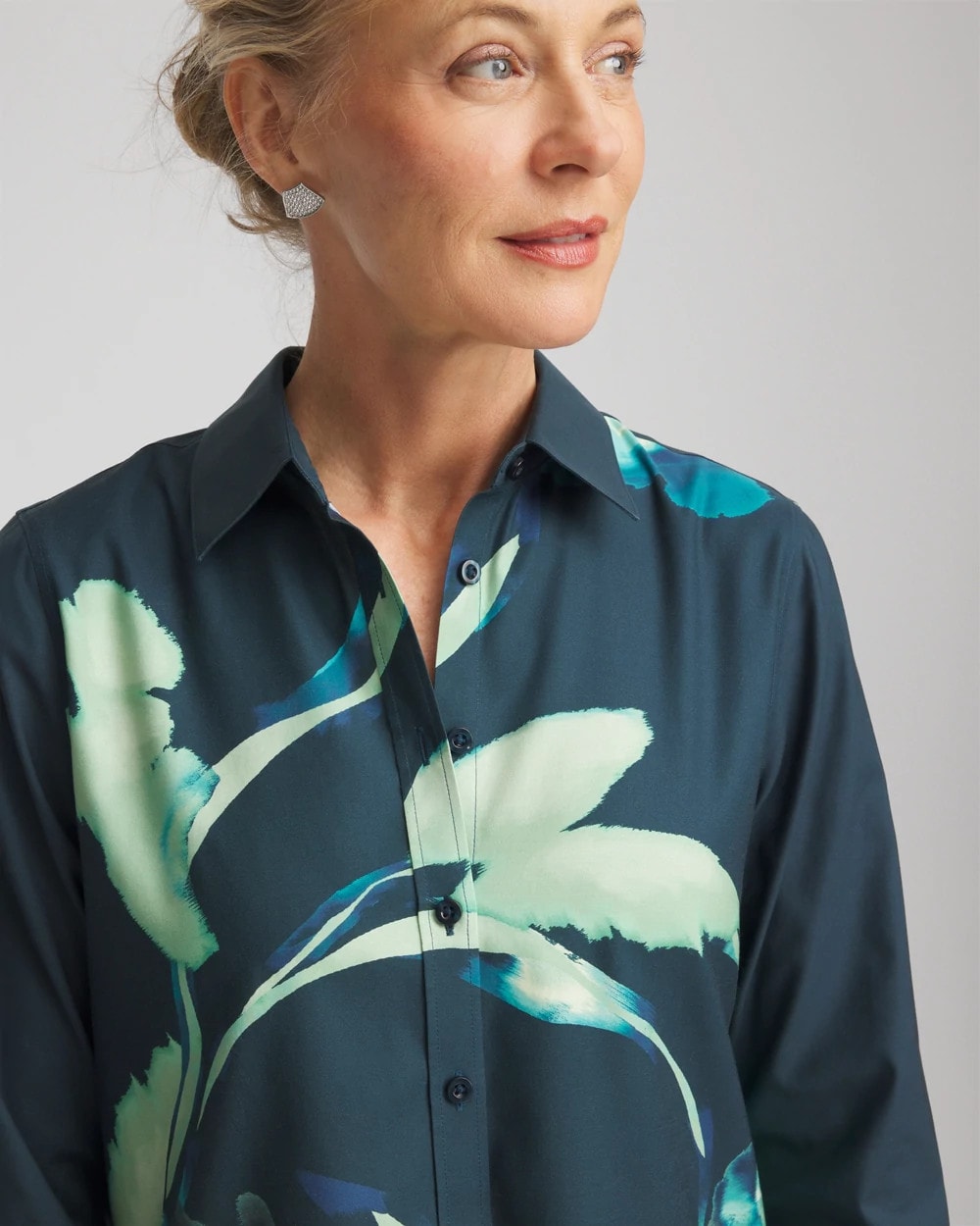 Chico's No Iron™ Glacial Flora Sateen Shirt Teal Shadow