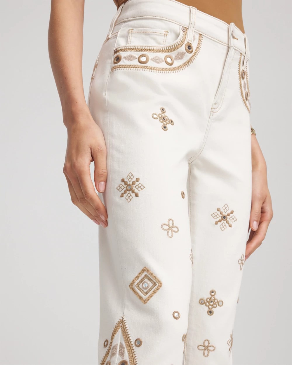 Chico's Embellished Girlfriend Slim Ankle Jeans Sea Salt
