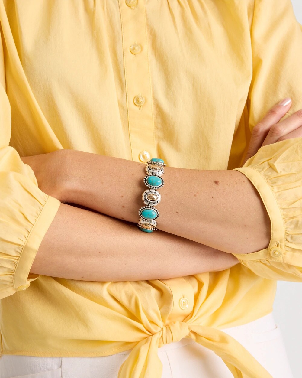 Chico's Turquoise Mixed Metal Stretch Bracelet Turquoise