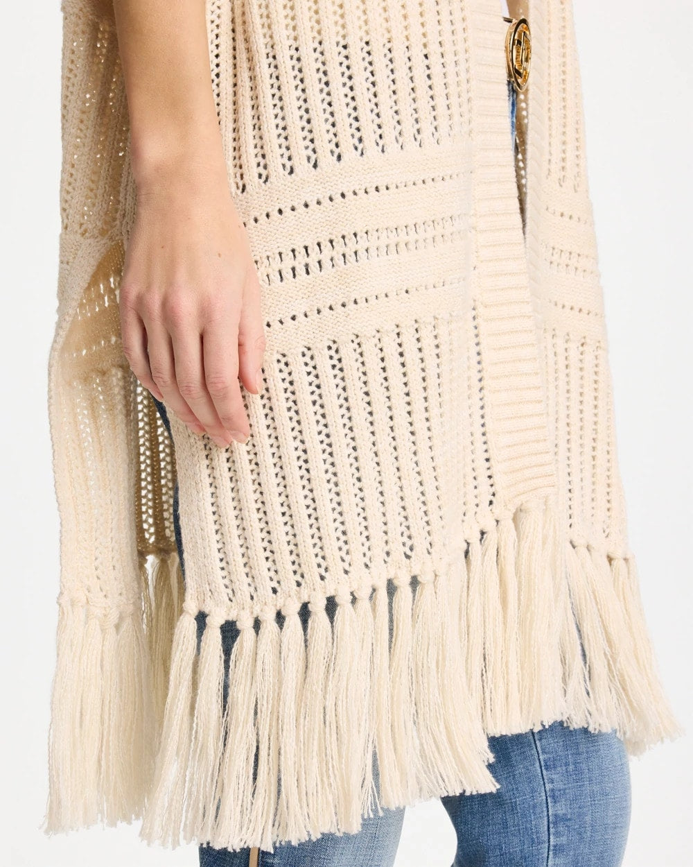 Chico's Long Knit Fringe Ruana Cream