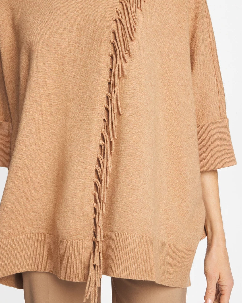 Chico's Cowlneck Knit Fringe Poncho Faux Creme Coffee Heather