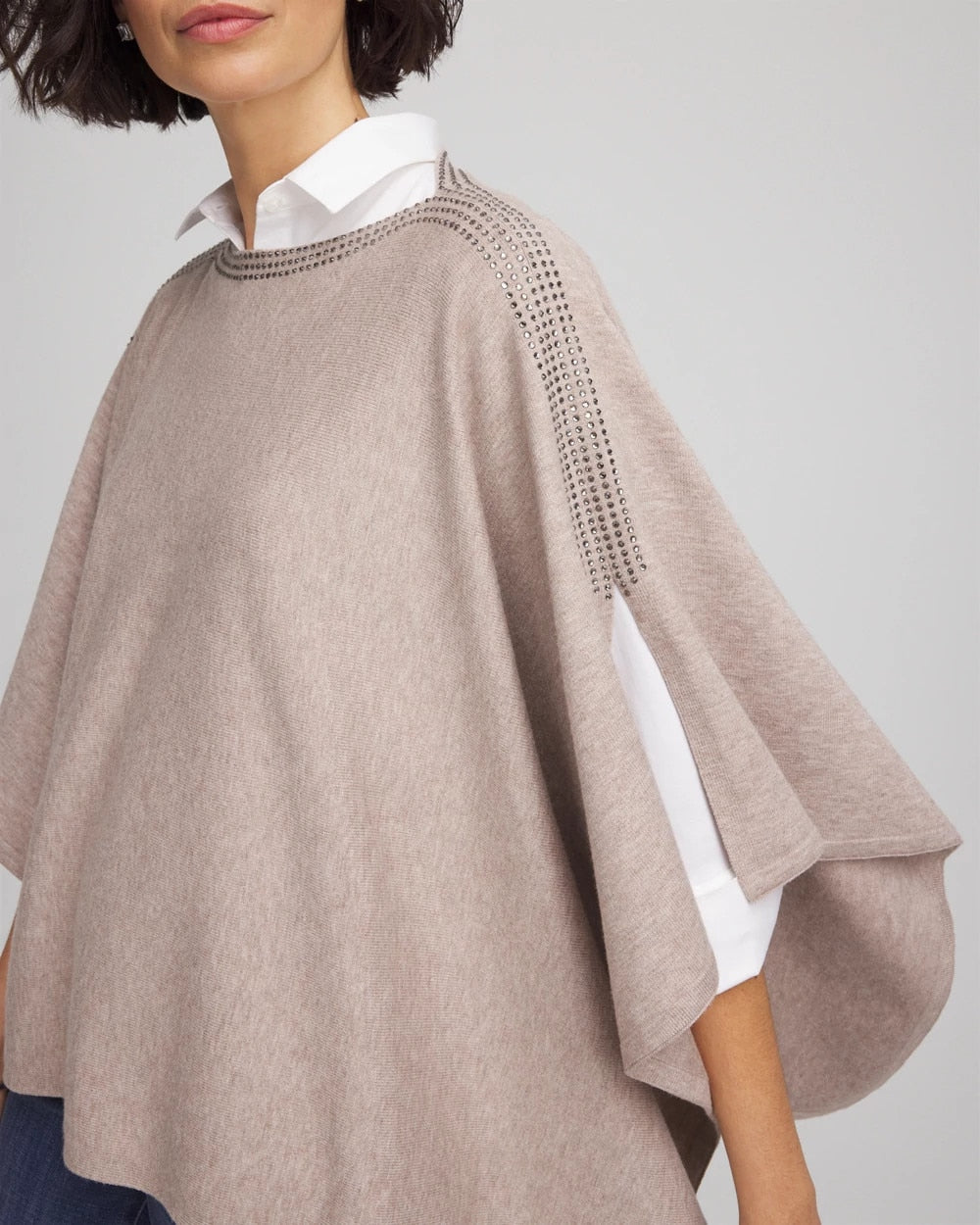 Chico's Rhinestone Embellished Poncho Light Taupe Heather