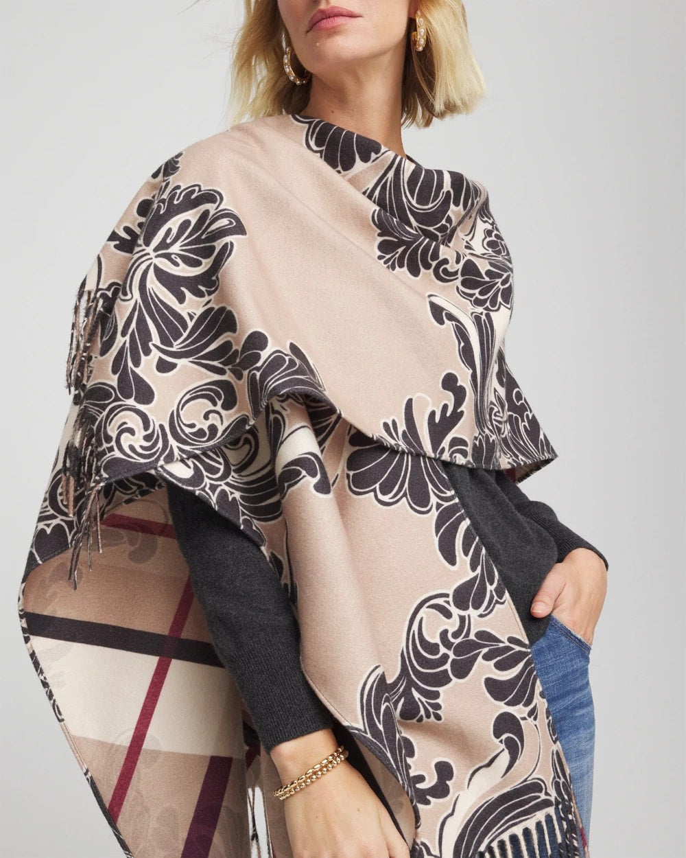 Chico's Reversible Printed Fringe Ruana Champagne Fizz