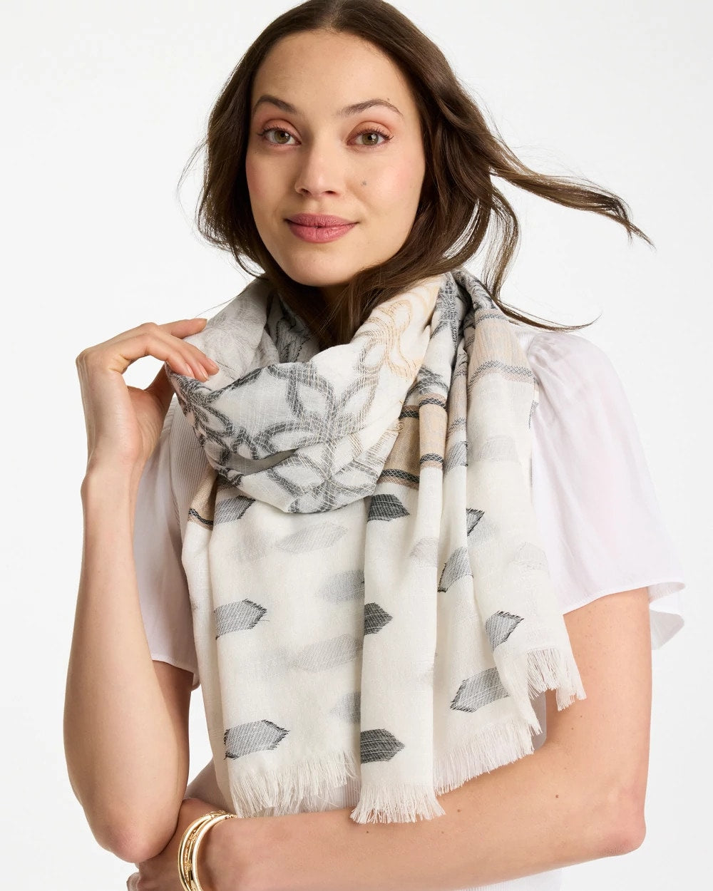 Chico's Neutral Paisley Polka Dot Oblong Scarf Neutral