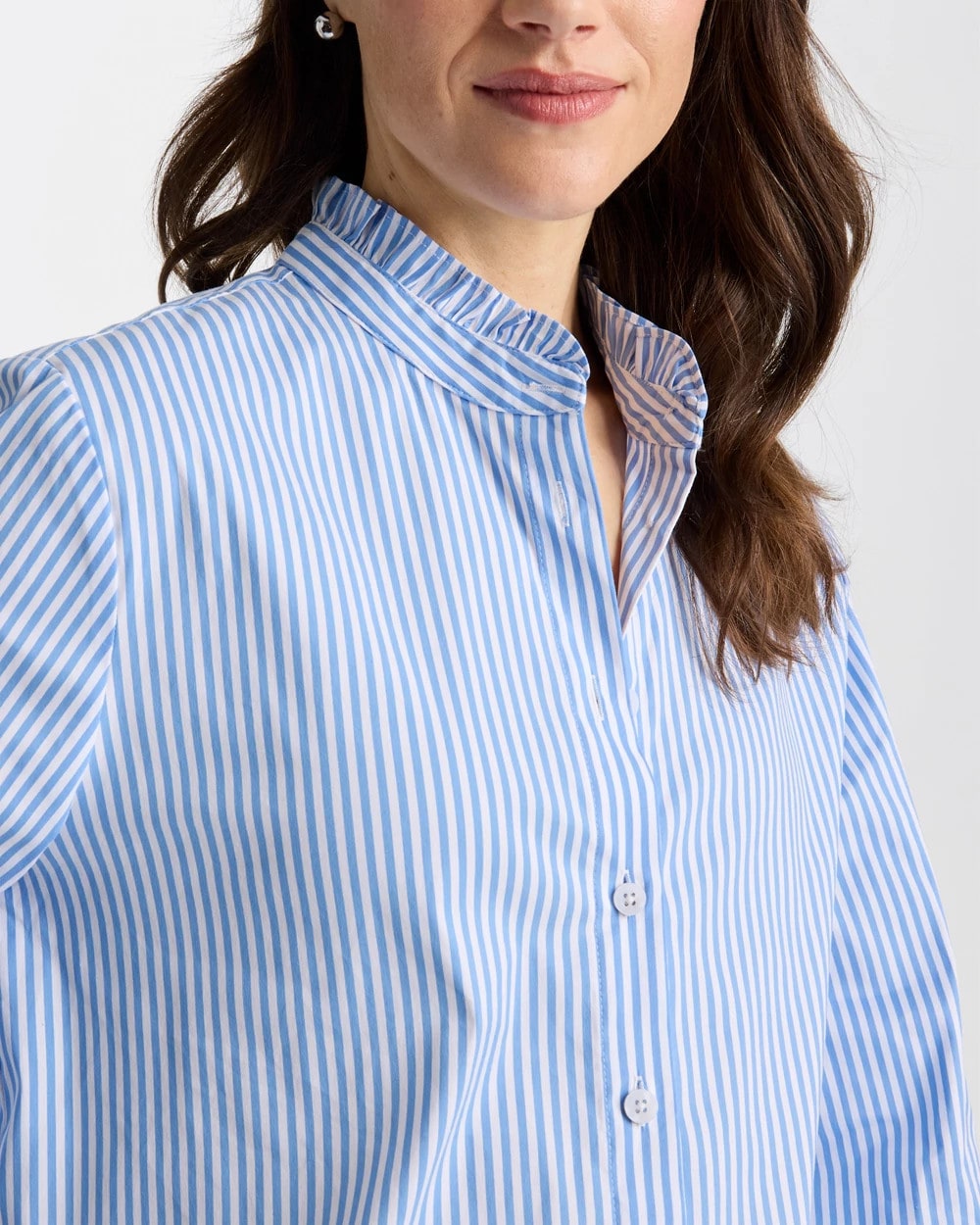Chico's Striped Poplin Ruffle Neck Shirt Tidal Blue