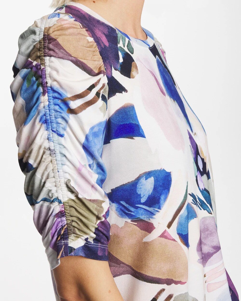 Chico's Geo Blur Ruched Sleeve Tee Passport Blue