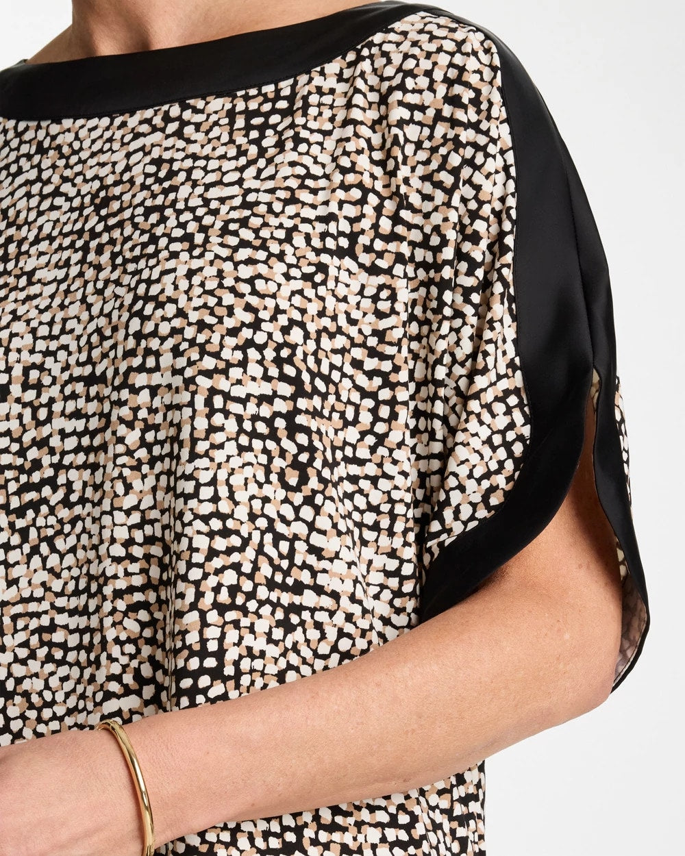 Chico's Printed Jersey & Satin Dolman Tee Cattail Brown