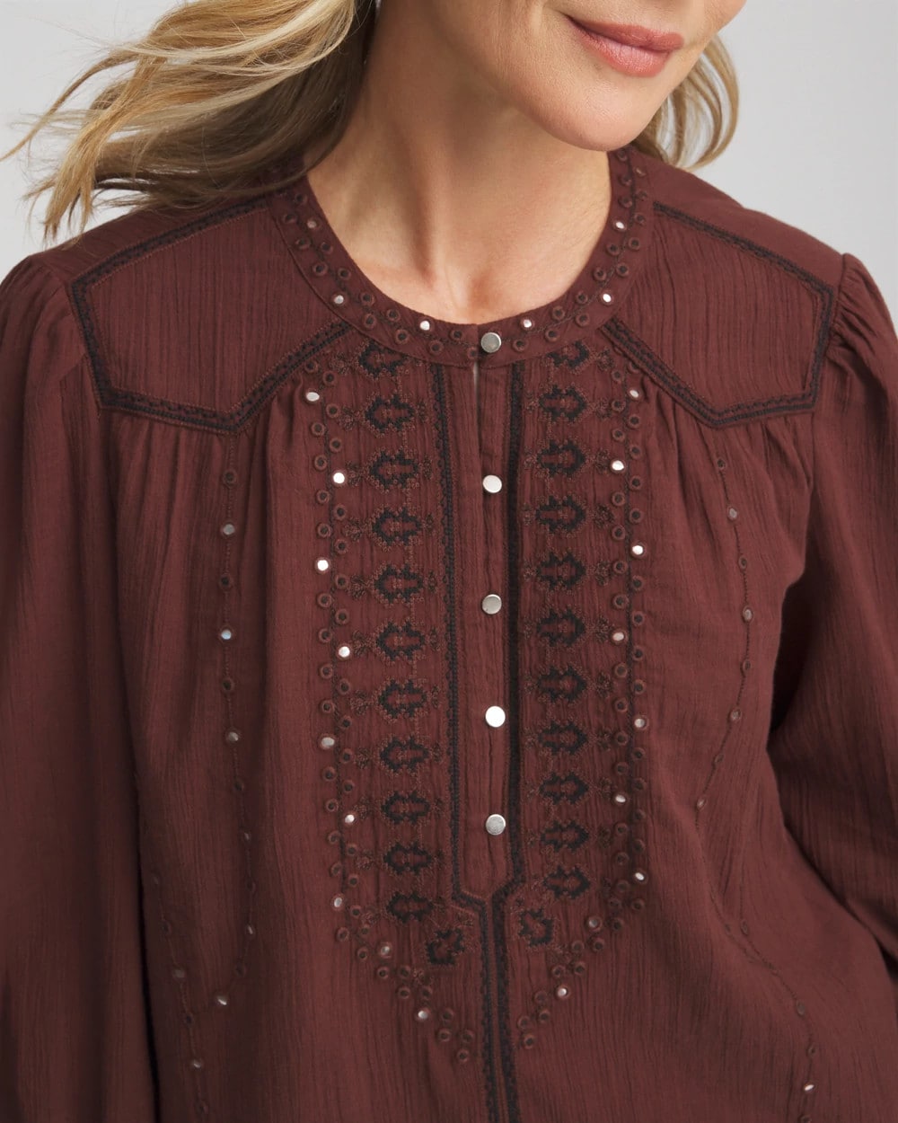 Chico's Embroidered Crinkle-Cotton Blouse Cacao