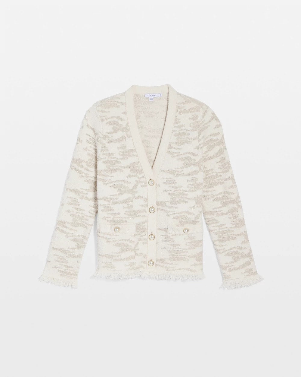 Chico's Fringe Textured V-Neck Cardigan English Cream