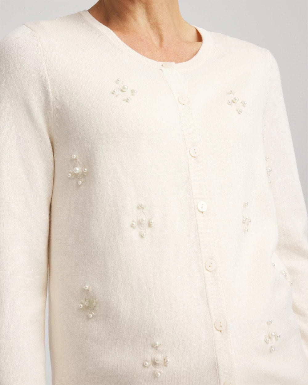 Chico's Embellished Crewneck Cardigan English Cream