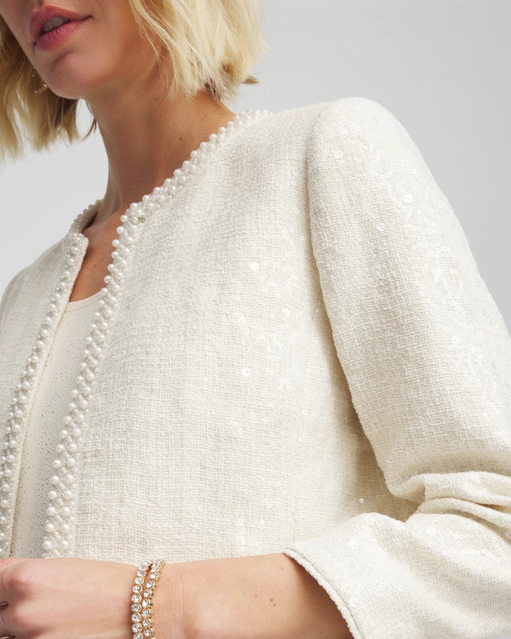 Chico's Pearl Trim Tweed Jacket English Cream