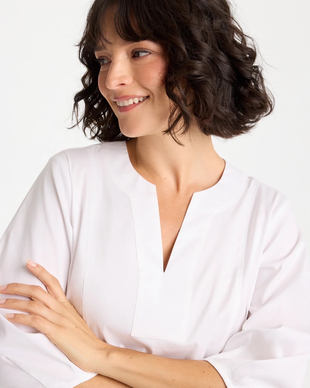 Chico's Poplin Cotton 3/4 Sleeve Popover Alabaster