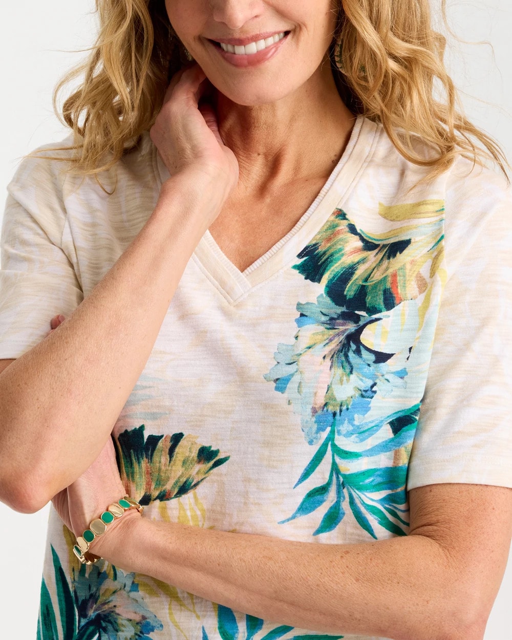 Chico's Printed Cotton Slub V-Neck Tee Topanga Green