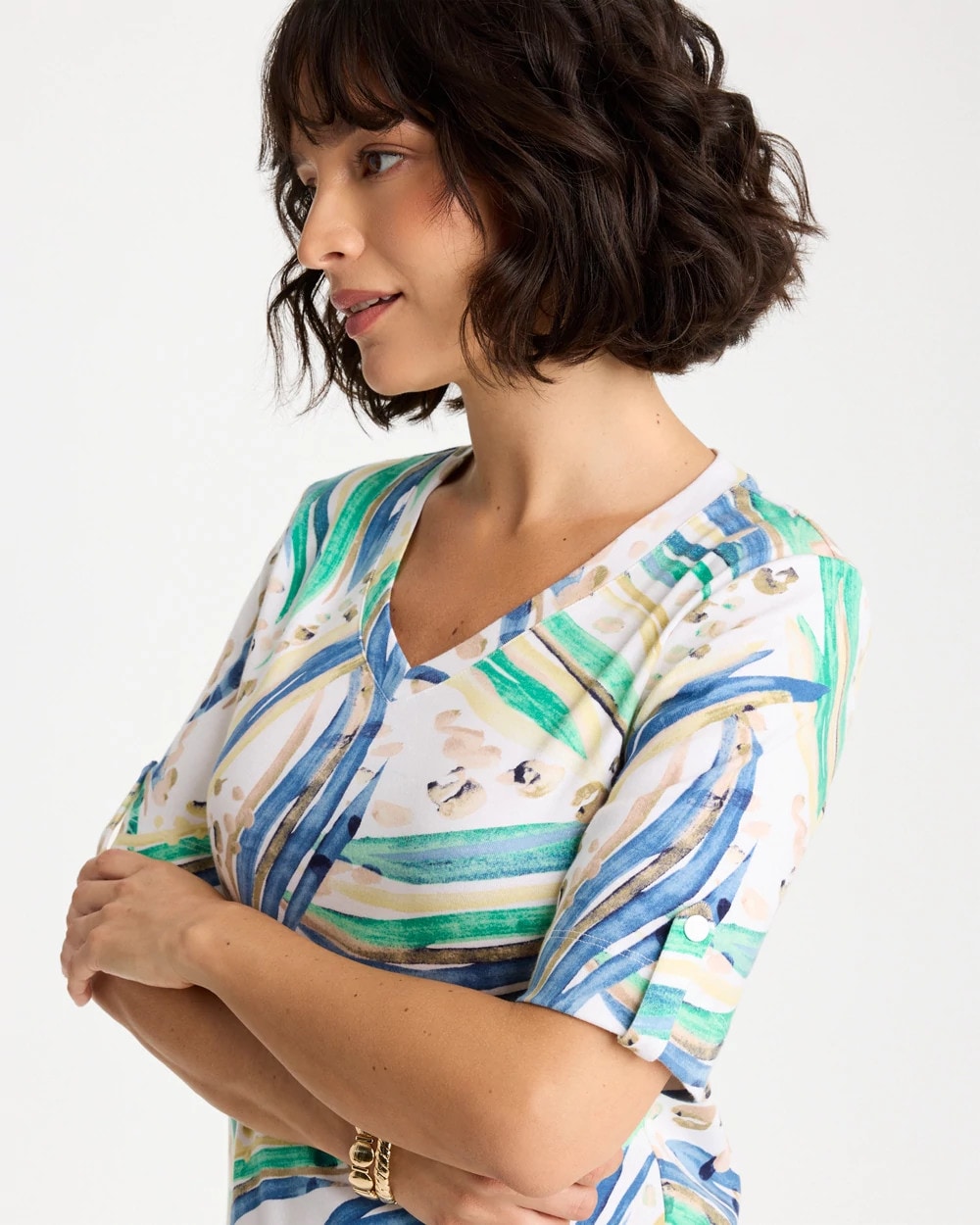 Chico's Printed Pima Elbow-Sleeve Tee Topanga Green