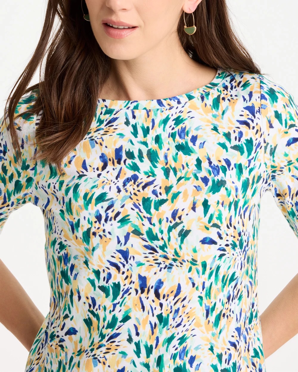 Chico's Leafy Swamp Pima Elbow Sleeve Tee Topanga Green
