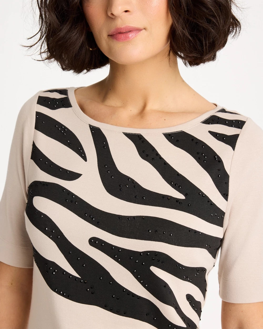 Chico's Zebra Pima Elbow Sleeve Tee Smokey Taupe