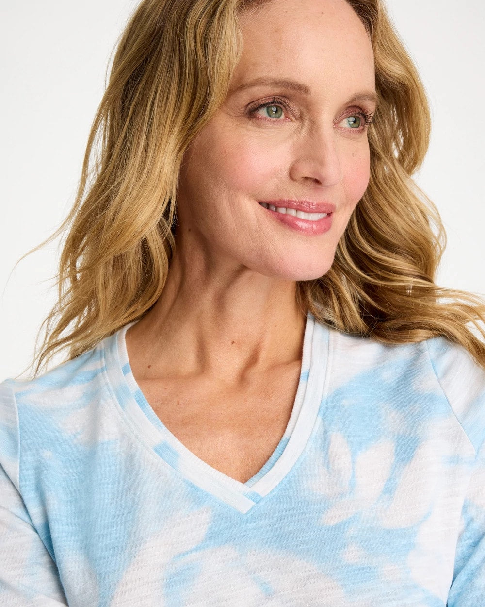 Chico's Tie-Dye Palm Cotton Slub V-Neck Tee Blue Haven